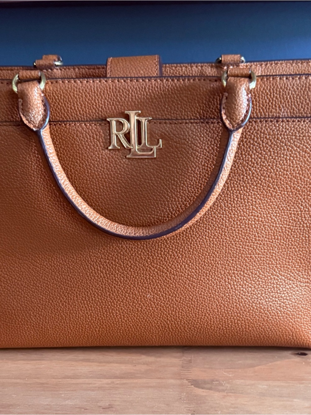 Ralph Lauren Tan Pebbled Leather Tote with Gold RLL Logo
